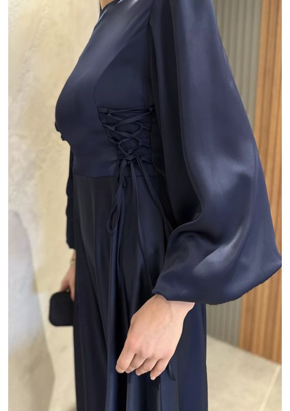 Yan Bağcık Detaylı Tesettür Saten Abiye Elbise P-00016358 modelleri