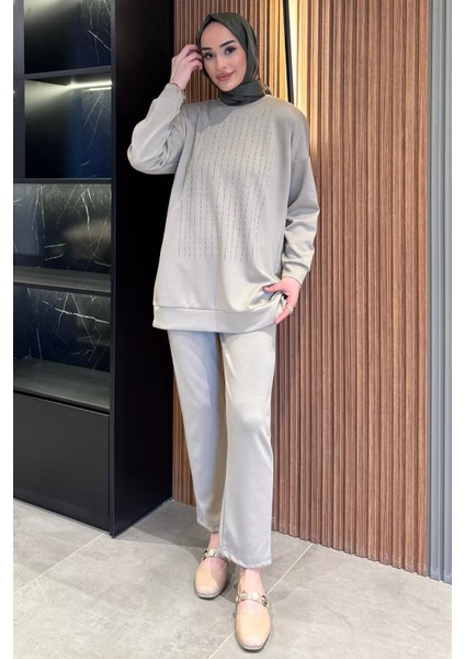 Bisiklet Yaka Ön Taşlı Büyük Beden Tesettür Tunik Pantolon Ikili Takım P-00016525