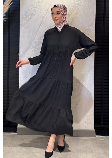 Düğme Detaylı Fırfırlı Tesettür Elbise P-00016362