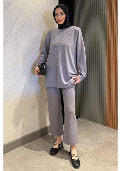 Bisiklet Yaka Ön Taşlı Büyük Beden Tesettür Tunik Pantolon Ikili Takım P-00016525