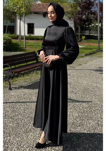 Yan Bağcık Detaylı Tesettür Saten Abiye Elbise P-00016358