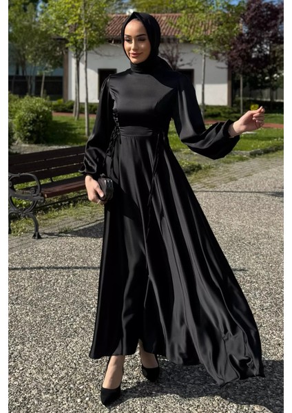 Yan Bağcık Detaylı Tesettür Saten Abiye Elbise P-00016358 modelleri