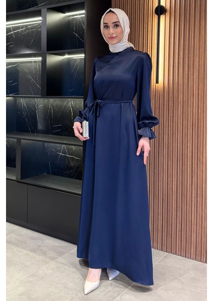 Kol Lastikli Tesettür Saten Abiye Elbise P-00016357