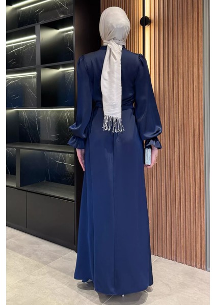 Kol Lastikli Tesettür Saten Abiye Elbise P-00016357