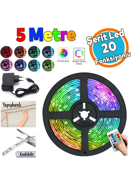 Uzaktan Kumandalı 5 Metre Şerit LED Lamba 20 Fonksiyonlu Işıldak Aydınlatma A Sınıfı 220 V Elektrik