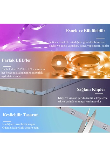 Uzaktan Kumandalı 5 Metre Şerit LED Lamba 20 Fonksiyonlu Işıldak Aydınlatma A Sınıfı 220 V Elektrik