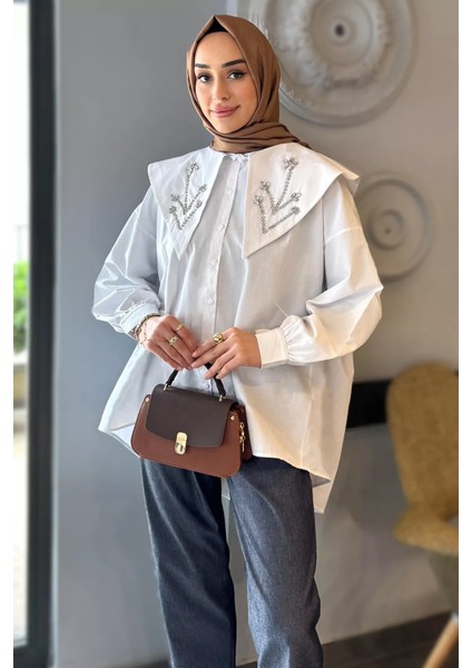 Yaka Taş Detaylı Oversize Tesettür Tunik P-00016426