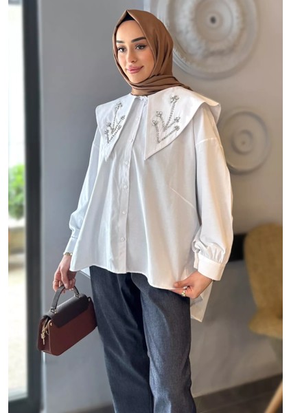 Yaka Taş Detaylı Oversize Tesettür Tunik P-00016426 fiyatları
