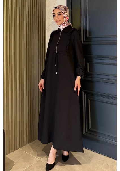 Ön Fırfır ve Fermuar Detaylı Bel Bağlamalı Tesettür Elbise P-00016361