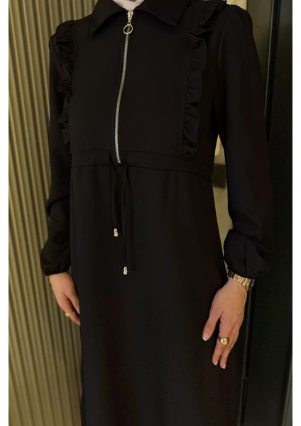 Ön Fırfır ve Fermuar Detaylı Bel Bağlamalı Tesettür Elbise P-00016361 fiyatları