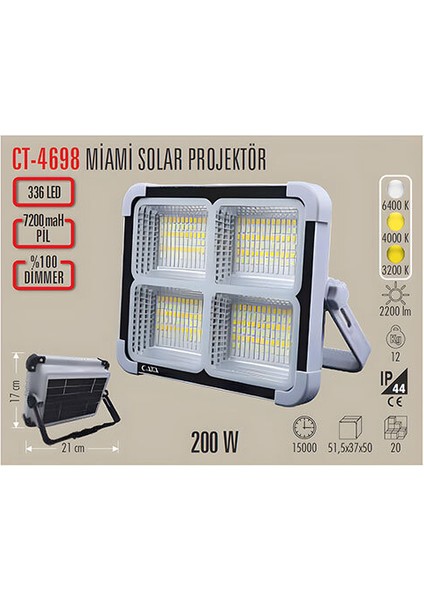 CT-4698 Güneş Enerjili Solar 200W Watt LED Projektör Taşınabilir Sarı Beyaz ve Çakar Işık Lamba