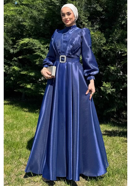 Kadın Ön Drapeli Omuz Detaylı Bel Taşlı Kuşaklı Prenses Model Tesettür P-00016300