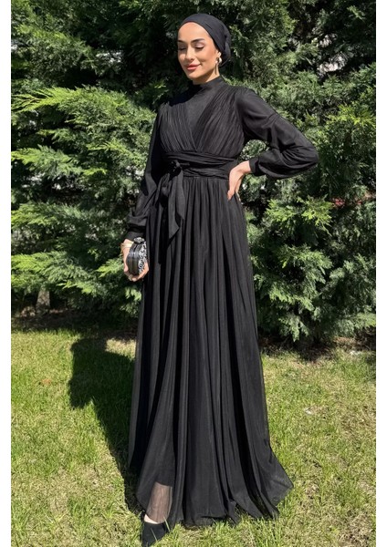 Kadın Piliseli Bel Kuşak Detaylı Tüllü Tesettür Abiye P-00016278