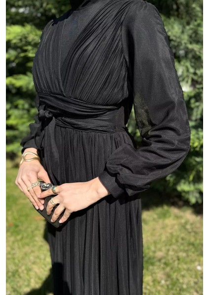 Kadın Piliseli Bel Kuşak Detaylı Tüllü Tesettür Abiye P-00016278