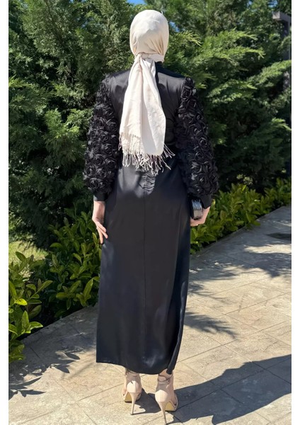 Kadın Kollar Gül Figürlü Bel Kuşaklı Tesettür Saten Abiye P-00016255