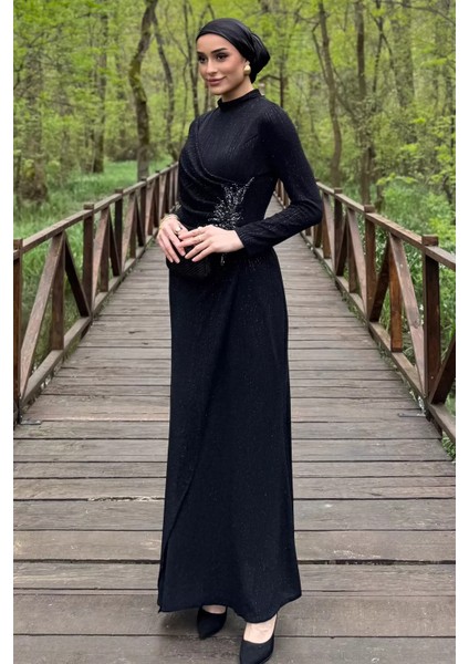 Kadın Ön Drapeli Taş Işlemeli Işıltılı Tesettür Abiye P-00016252