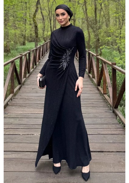 Kadın Ön Drapeli Taş Işlemeli Işıltılı Tesettür Abiye P-00016252