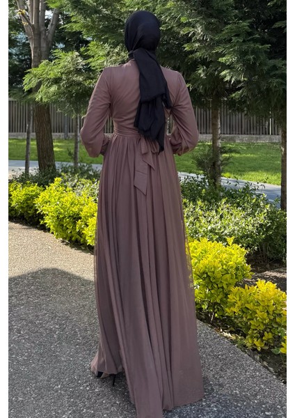 Kadın Piliseli Bel Kuşak Detaylı Tüllü Tesettür Abiye P-00016278