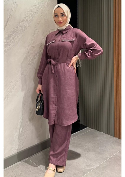 Kadın Inci ve Taş Işlemeli Kuşak Detaylı Tunik Pantolon Tesettür Ikili Takım P-00016353
