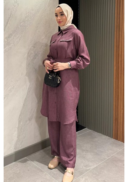 Kadın Inci ve Taş Işlemeli Kuşak Detaylı Tunik Pantolon Tesettür Ikili Takım P-00016353
