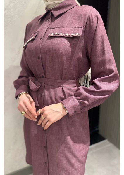 Kadın Inci ve Taş Işlemeli Kuşak Detaylı Tunik Pantolon Tesettür Ikili Takım P-00016353