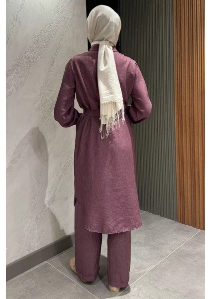 Kadın Inci ve Taş Işlemeli Kuşak Detaylı Tunik Pantolon Tesettür Ikili Takım P-00016353