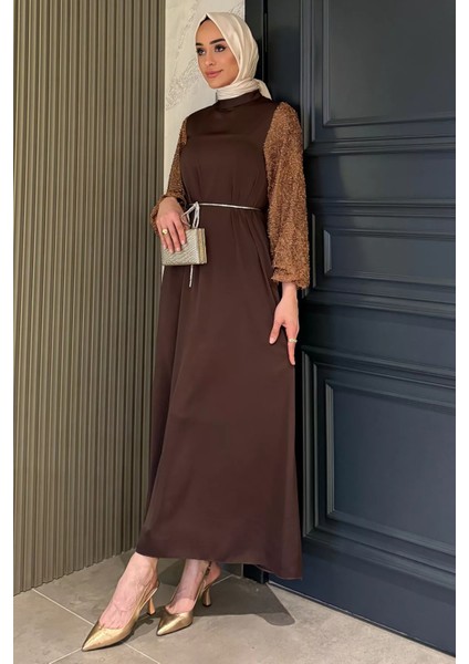Kolları Güpürlü Taşlı Bel Bağcıklı Tesettür Saten Abiye Elbise P-00016257