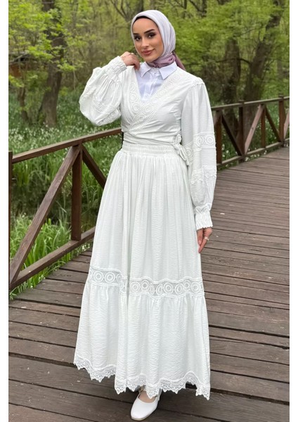 Fistolu Bel Bağlamalı Gömlek Etek Tesettür Ikili Takım (S-M-L Uygundur) P-00016188