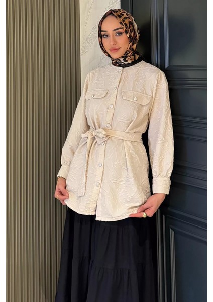 Kadın Kabartma Desenli Kuşak Detaylı Tesettür Gömlek Tunik P-00016352