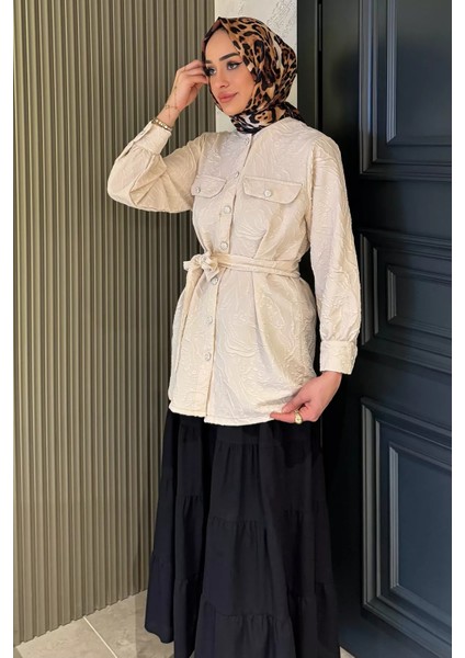 Kadın Kabartma Desenli Kuşak Detaylı Tesettür Gömlek Tunik P-00016352