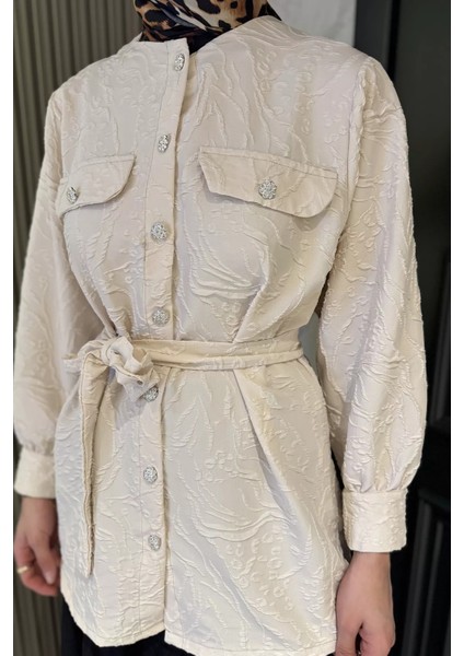 Kadın Kabartma Desenli Kuşak Detaylı Tesettür Gömlek Tunik P-00016352
