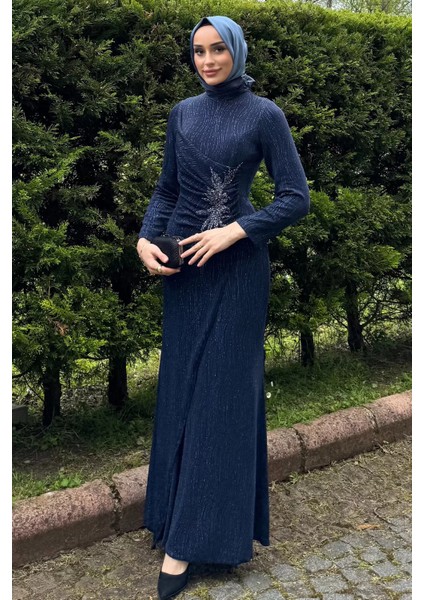 Kadın Ön Drapeli Taş Işlemeli Işıltılı Tesettür Abiye P-00016252
