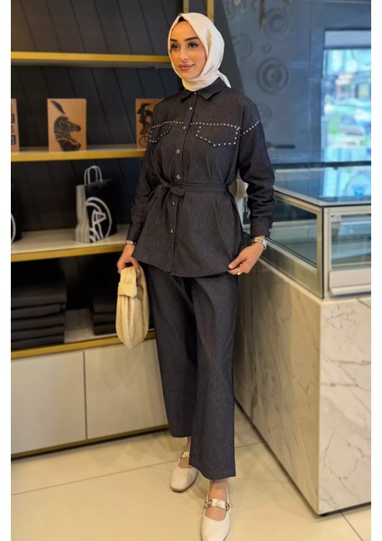 Kadın Taş Işlemeli Kuşaklı Tesettür Kot Tunik Pantolon Ikili Takım P-00016354