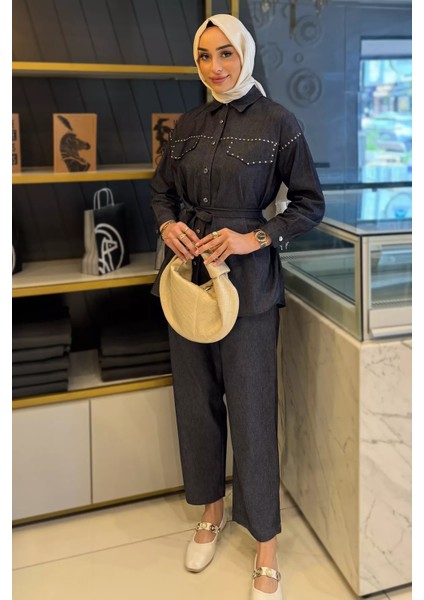 Kadın Taş Işlemeli Kuşaklı Tesettür Kot Tunik Pantolon Ikili Takım P-00016354