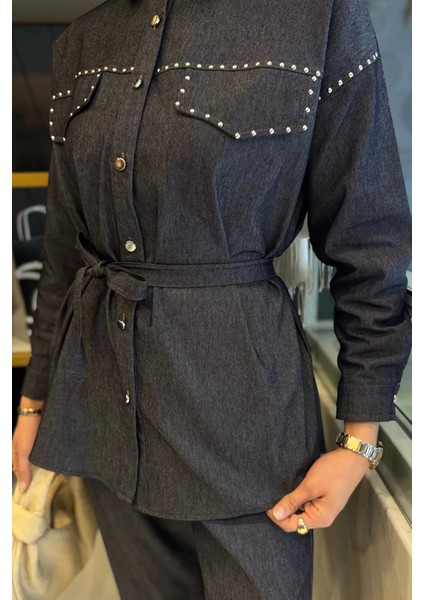 Kadın Taş Işlemeli Kuşaklı Tesettür Kot Tunik Pantolon Ikili Takım P-00016354