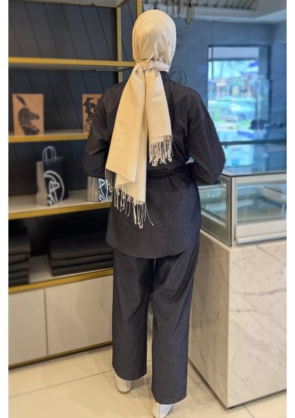 Kadın Taş Işlemeli Kuşaklı Tesettür Kot Tunik Pantolon Ikili Takım P-00016354