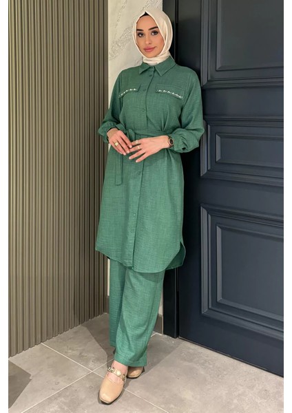 Kadın Inci ve Taş Işlemeli Kuşak Detaylı Tunik Pantolon Tesettür Ikili Takım P-00016353