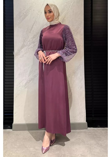 Kolları Güpürlü Taşlı Bel Bağcıklı Tesettür Saten Abiye Elbise P-00016257 fiyatları