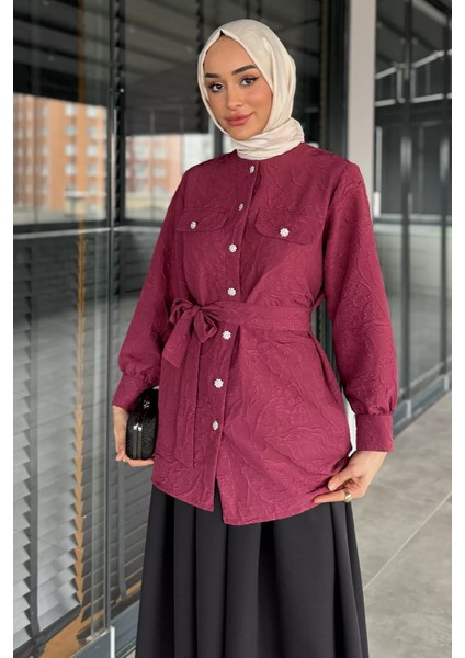 Kadın Kabartma Desenli Kuşak Detaylı Tesettür Gömlek Tunik P-00016352