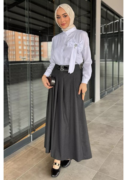 Kadın Kemer Detaylı Pileli Tesettür Etek P-00016343
