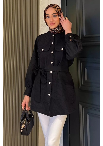 Kadın Kabartma Desenli Kuşak Detaylı Tesettür Gömlek Tunik P-00016352
