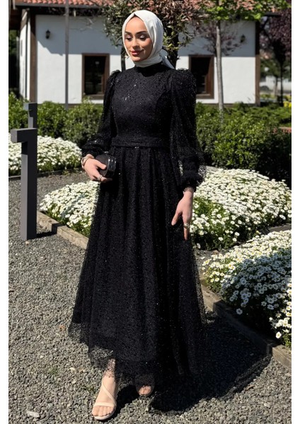 Kadın Tüllü Pul Payet Boncuk Işlemeli Tesettür Abiye P-00016286