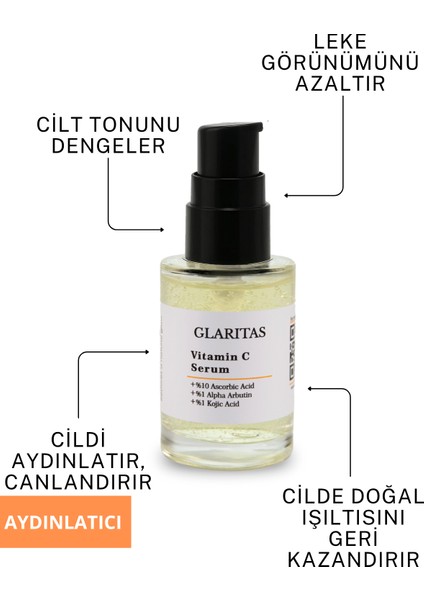C Vitamini Leke Karşıtı ve Aydinlatici Serum, %10 Ascorbic Acid, %1 Arbutin, %1 Kojic Acid 30 ml