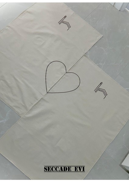 Kabe Işlemeli Çift Seccadesi - Bej Keten Kumaş Hediyelik Namazlık