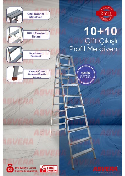 Safir Serisi -10 10 Basamaklı Çift Çıkışlı Galvanizli Profil Merdiven (Ev, Bahçe, Işyeri Için Uygun)