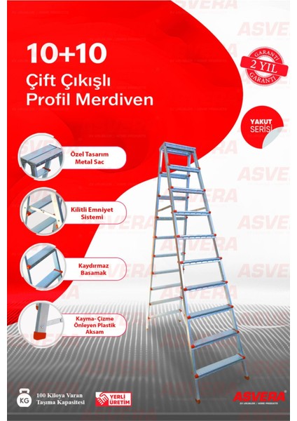 Yakut Serisi -10 10 Basamaklı Çift Çıkışlı Galvanizli Profil Merdiven (Ev, Bahçe, Işyeri Için Uygun)