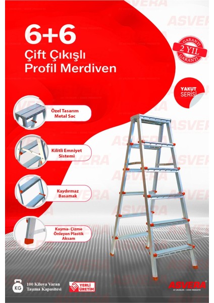 Yakut Serisi - 6+6 Basamaklı Çift Çıkışlı Galvanizli Profil Merdiven (Ev, Bahçe, Işyeri Için Uygun)