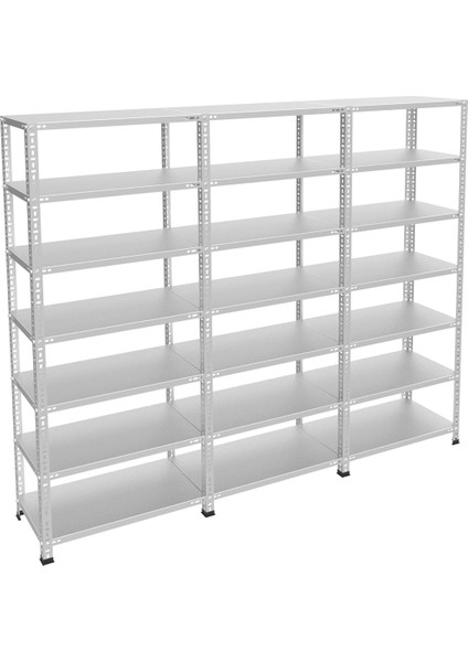 7 Katlı 3'lü Galvaniz Çelik Raf - Depo, Arşiv, Kiler, Dosya, Market Rafı - 59x93 cm-250 cm-1.50 mm