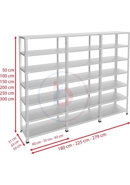 7 Katlı 3'lü Galvaniz Çelik Raf - Depo, Arşiv, Kiler, Dosya, Market Rafı - 59x93 cm-250 cm-1.50 mm