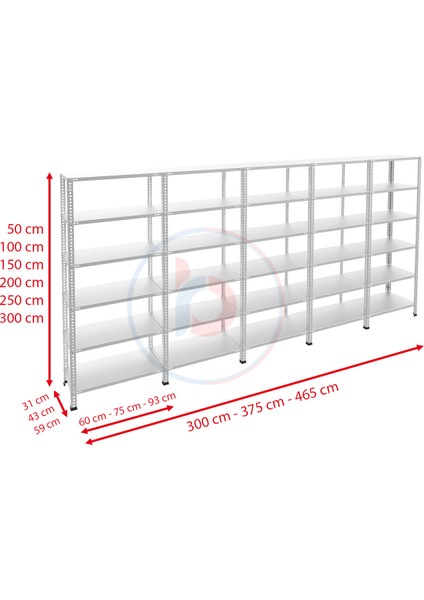 6 Katlı 5'li Galvaniz Çelik Raf - Depo, Arşiv, Kiler, Dosya, Market Rafı - 43x60 cm-300 cm-1.50 mm